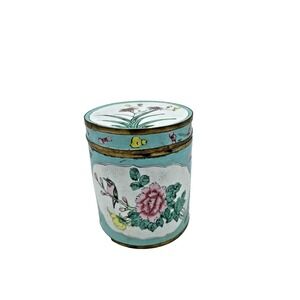 Antique Chinese Canton Enamel Round Lidded Tea Caddy Hand-Painted Birds Flowers‎